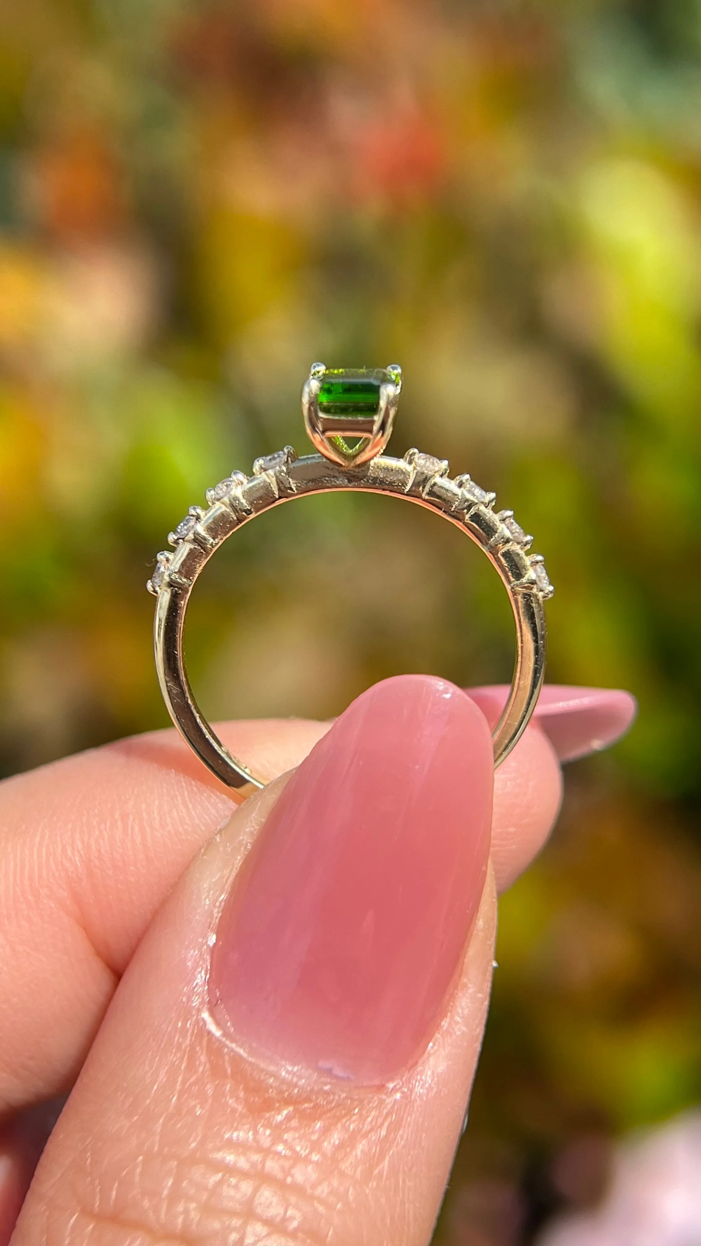 Bella 6x4mm 0.50ct Emerald Cut Chrome Diopside Spaced Diamond Ring 14K Gold DFR059