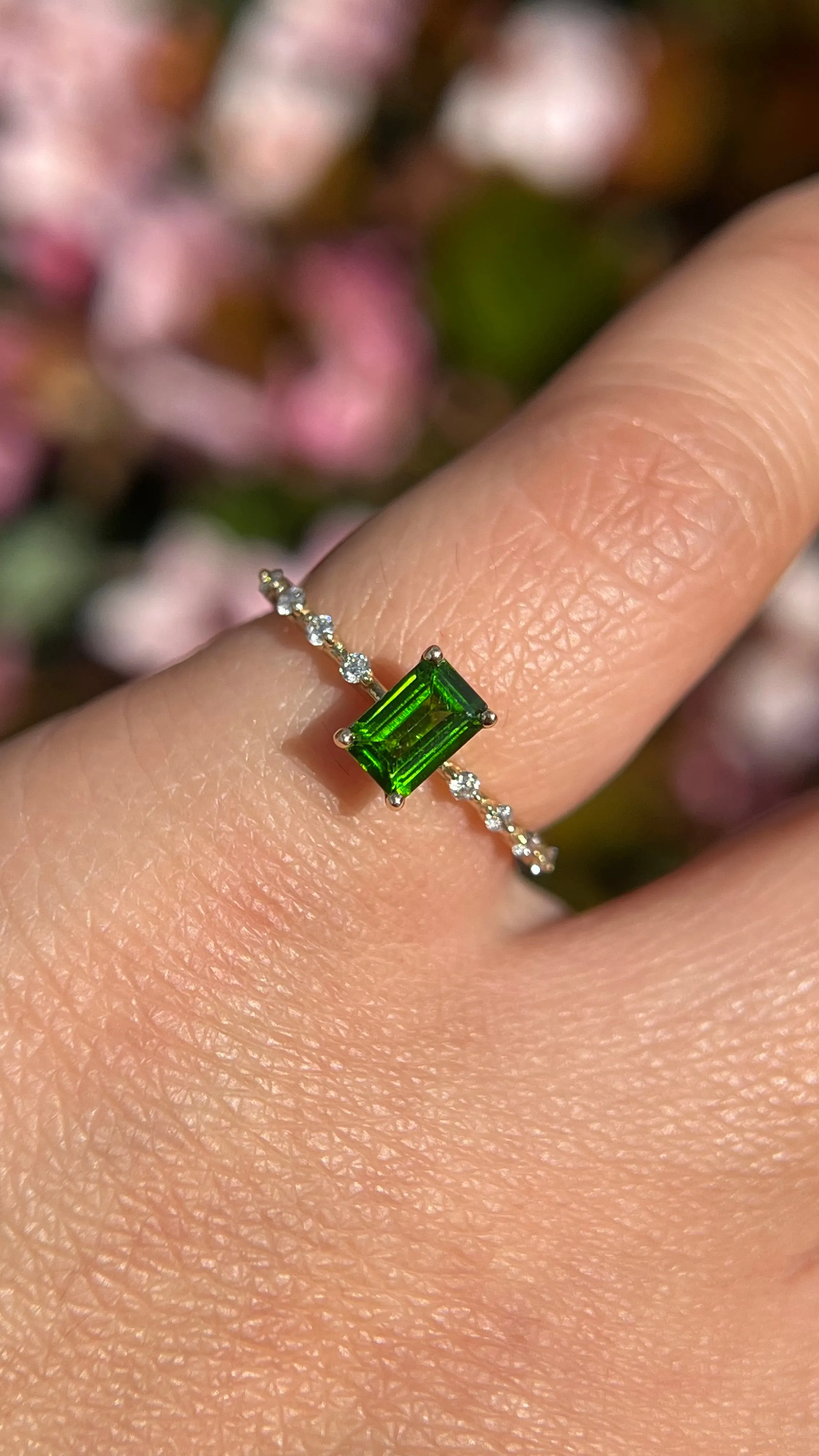 Bella 6x4mm 0.50ct Emerald Cut Chrome Diopside Spaced Diamond Ring 14K Gold DFR059