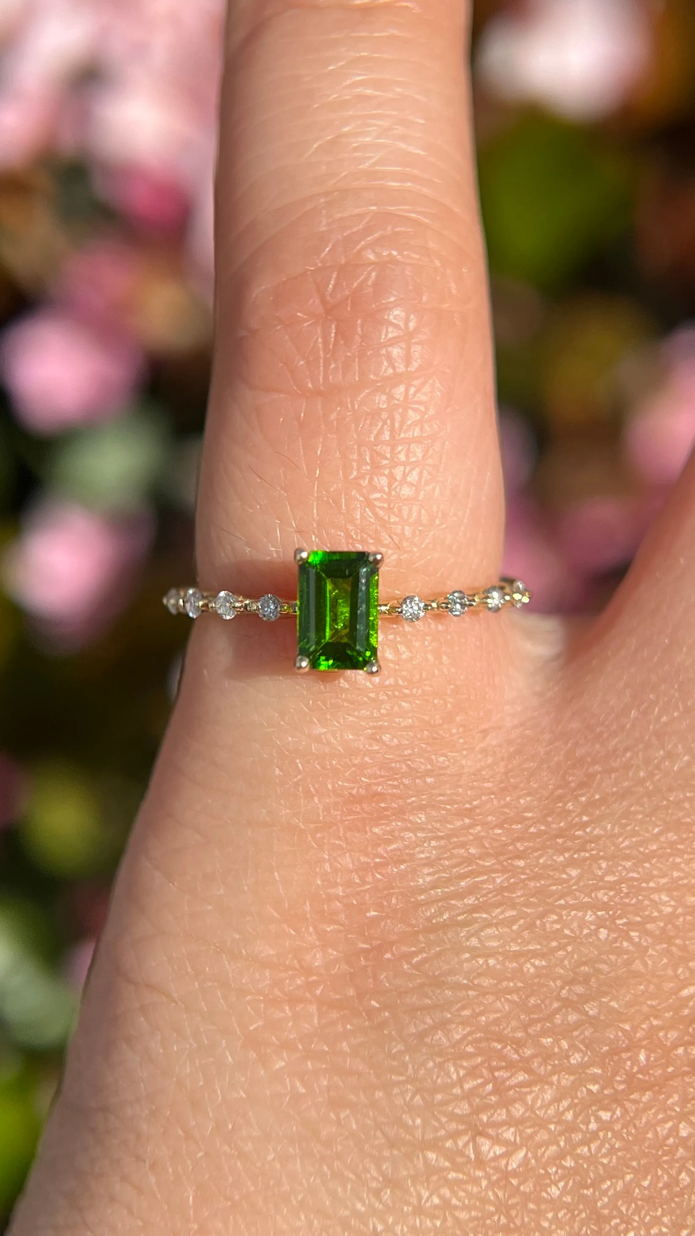 Bella 6x4mm 0.50ct Emerald Cut Chrome Diopside Spaced Diamond Ring 14K Gold DFR059