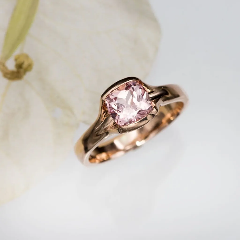 Cushion Cut Chatham Champagne Pink Sapphire Fold Solitaire Engagement Ring