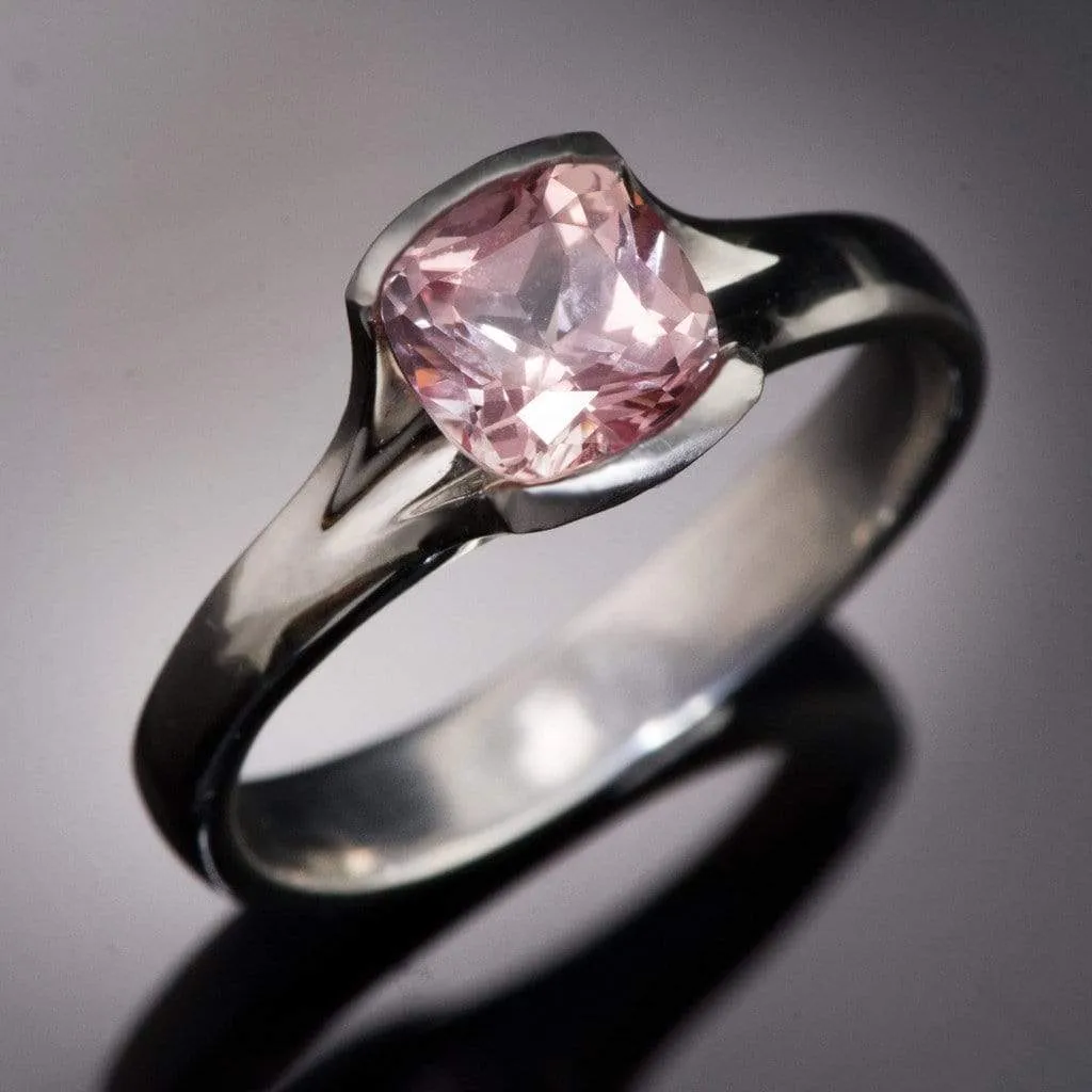 Cushion Cut Chatham Champagne Pink Sapphire Fold Solitaire Engagement Ring