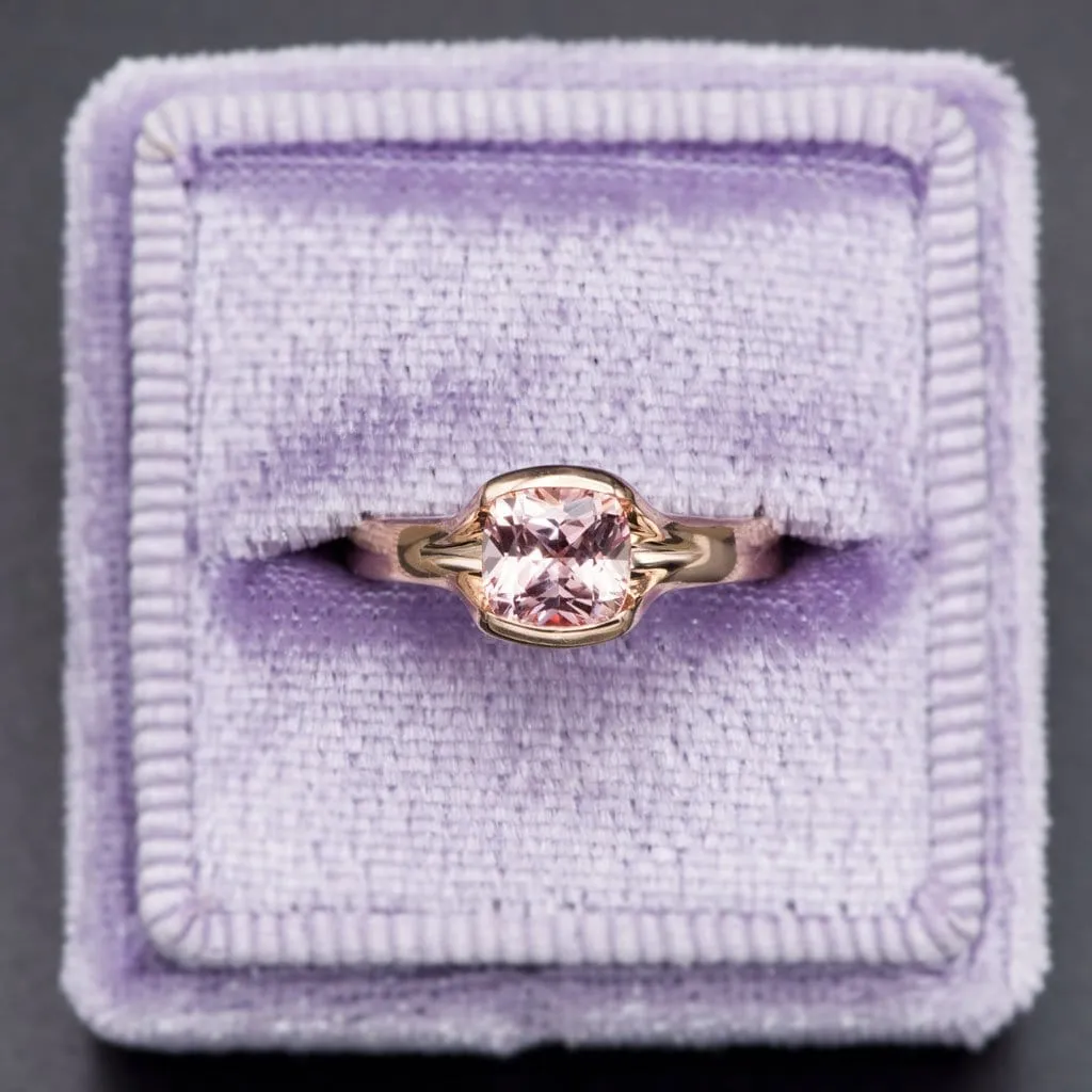 Cushion Cut Chatham Champagne Pink Sapphire Fold Solitaire Engagement Ring