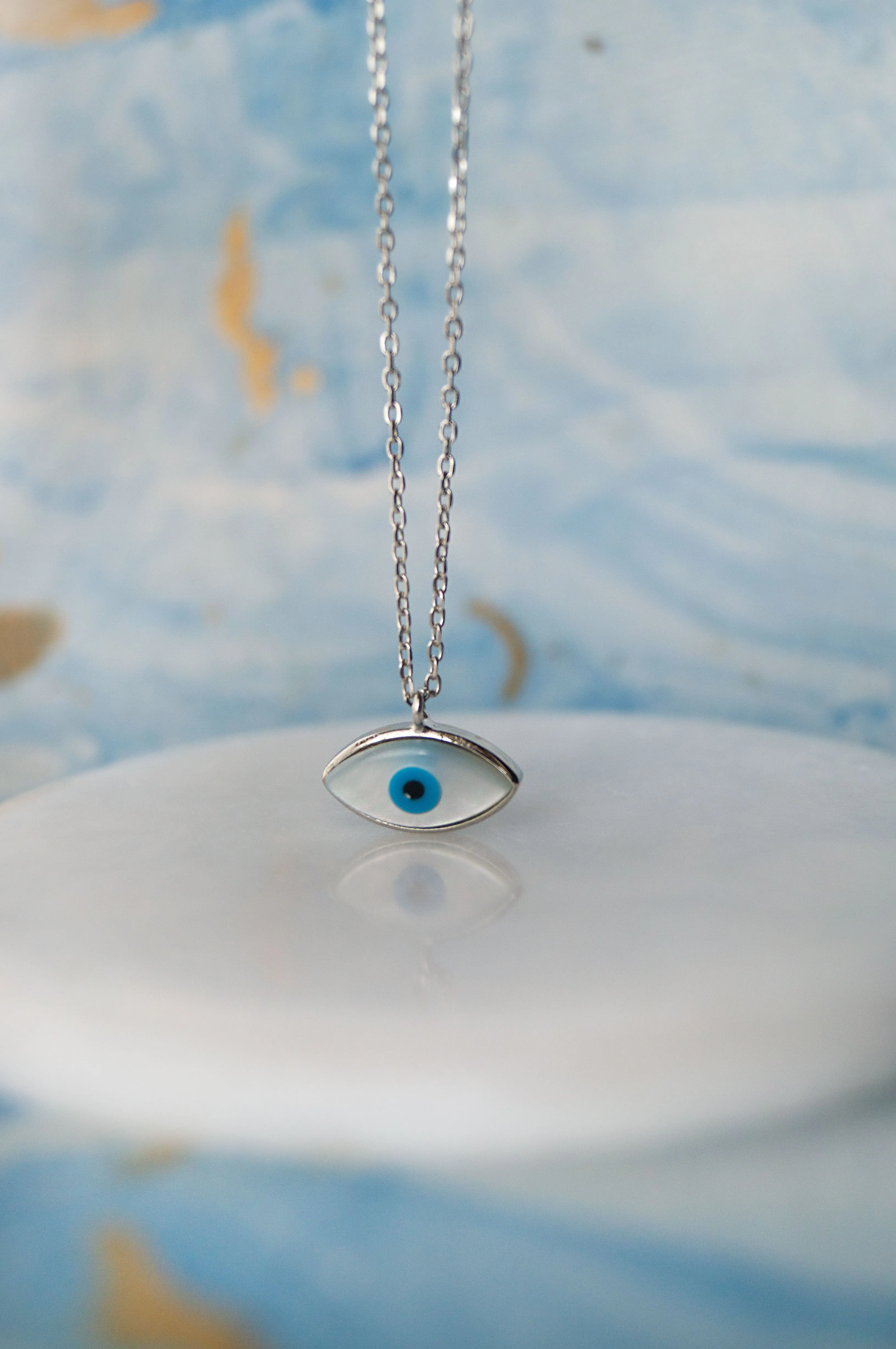 Evil Eye Eclectic Mother Of Pearl Sterling Silver Chain Necklace