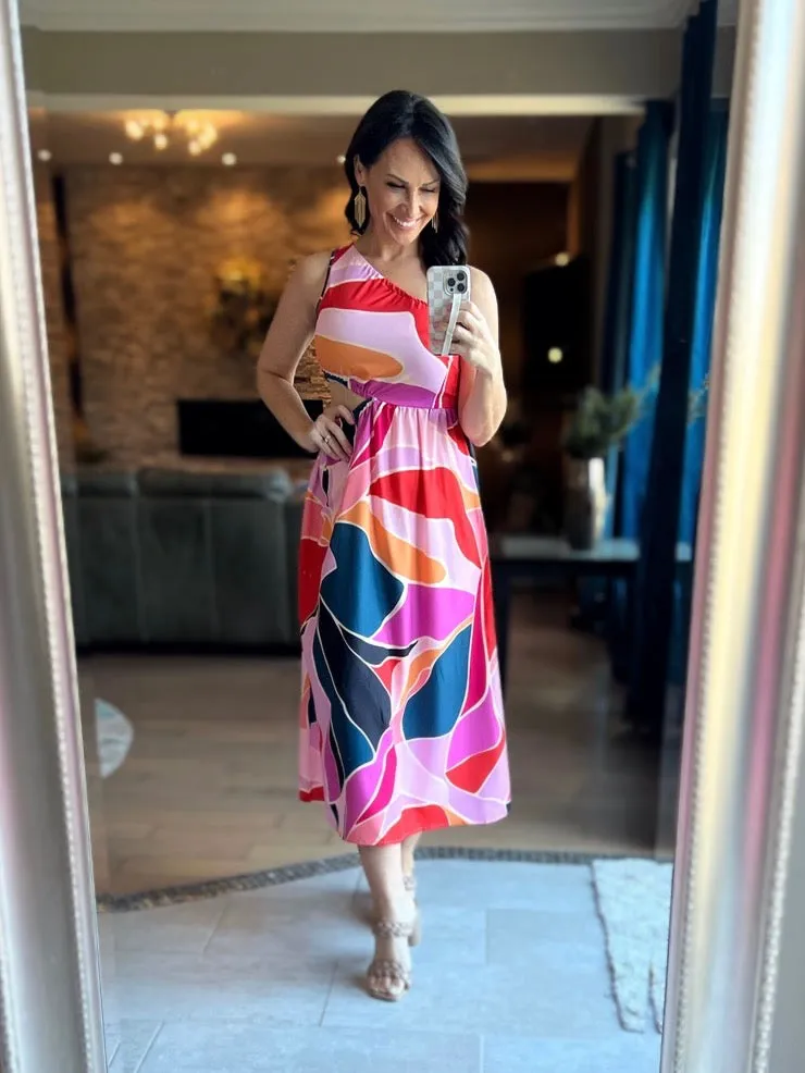 Fuchsia One Shoulder Printed Long Dress