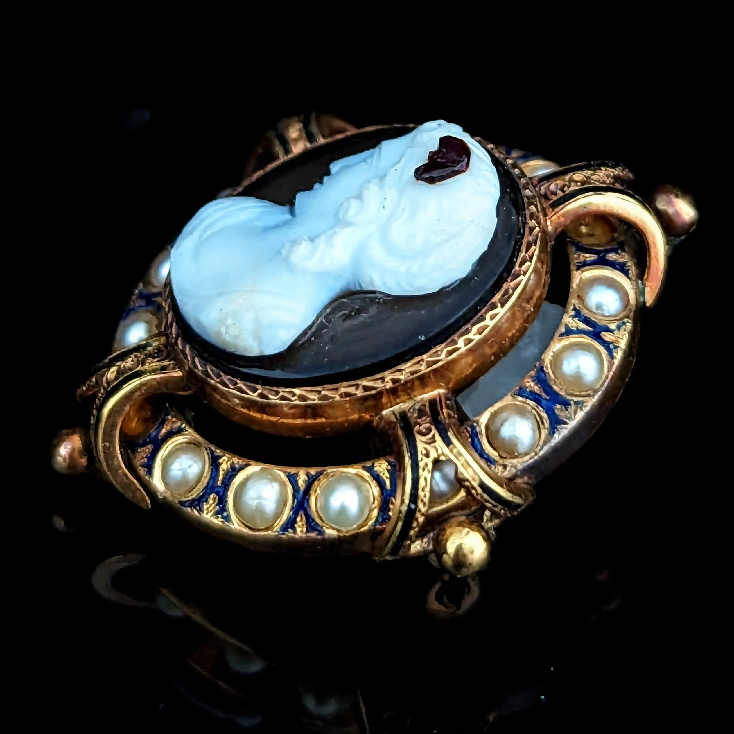 The Yakima - Victorian Agate Enamel Seed Pearl 14k Gold Cameo Brooch