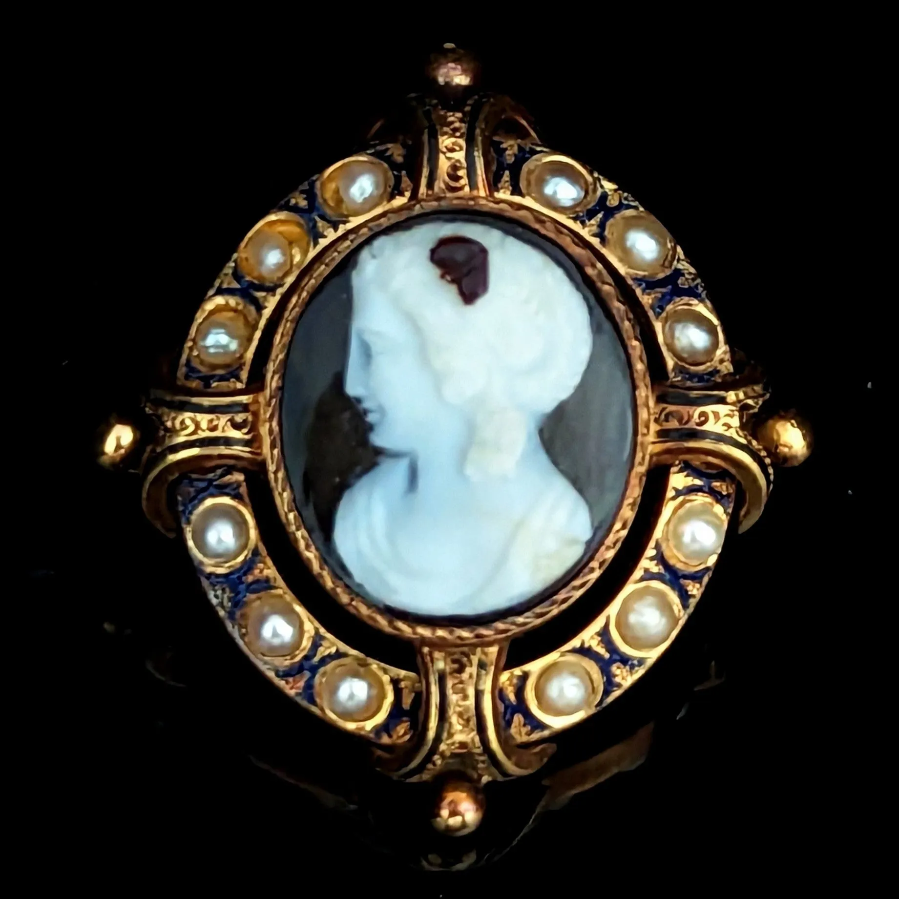 The Yakima - Victorian Agate Enamel Seed Pearl 14k Gold Cameo Brooch