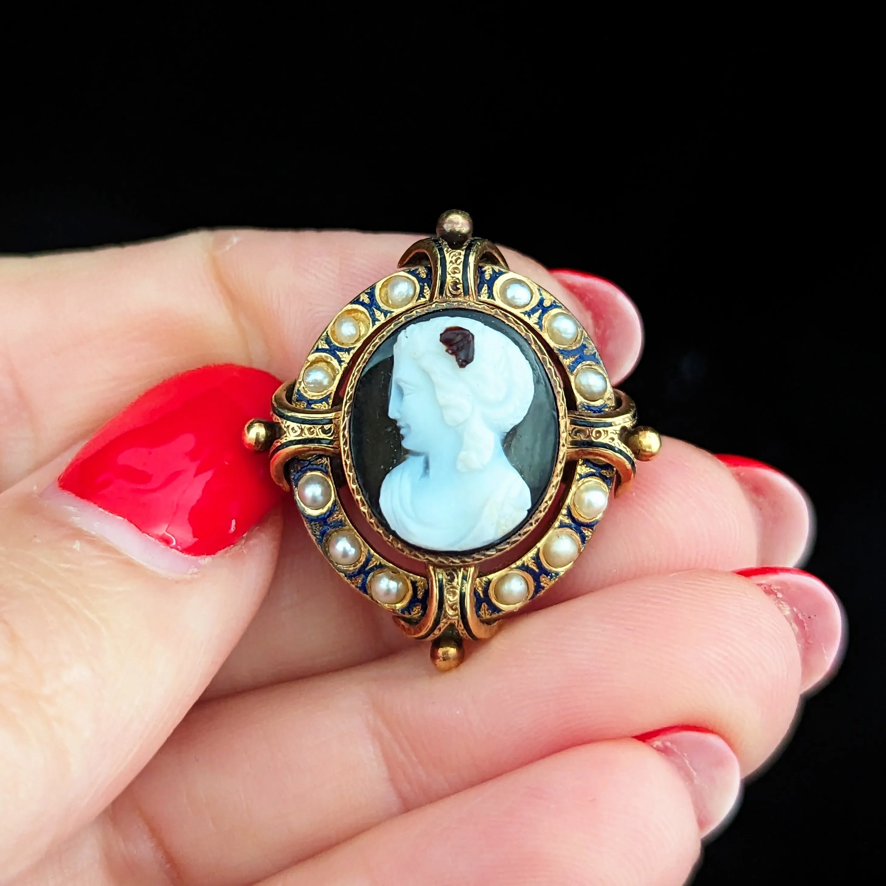 The Yakima - Victorian Agate Enamel Seed Pearl 14k Gold Cameo Brooch