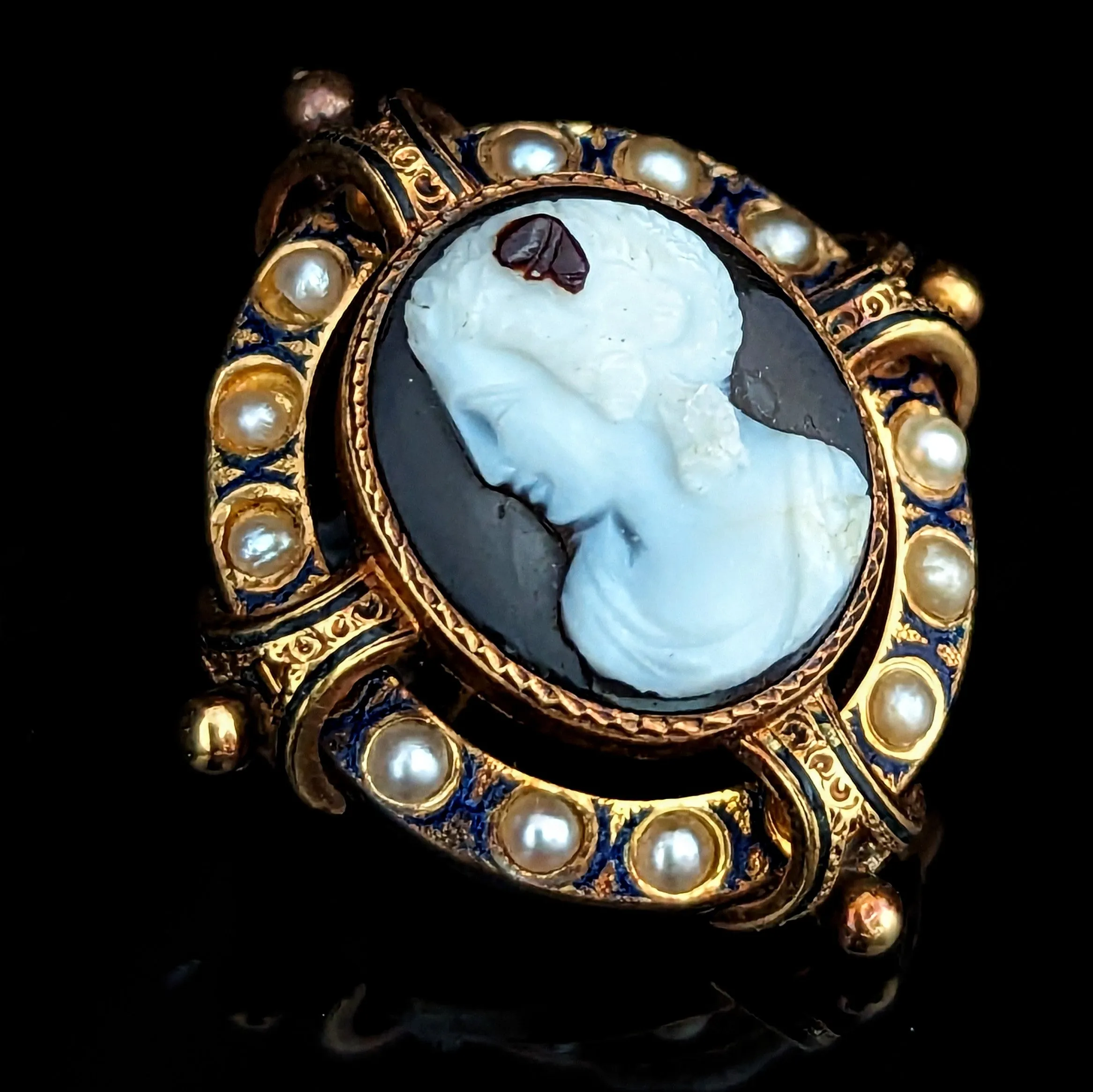 The Yakima - Victorian Agate Enamel Seed Pearl 14k Gold Cameo Brooch